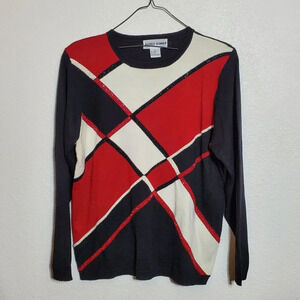 Alfred Dunner Womens Long Sleeve Sweater S Red Black Cream Geometric Christmas